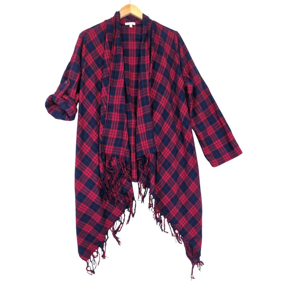 Flannel Drape Front Kimono Cardigan Womens M Red Plaid Country Western Prairie